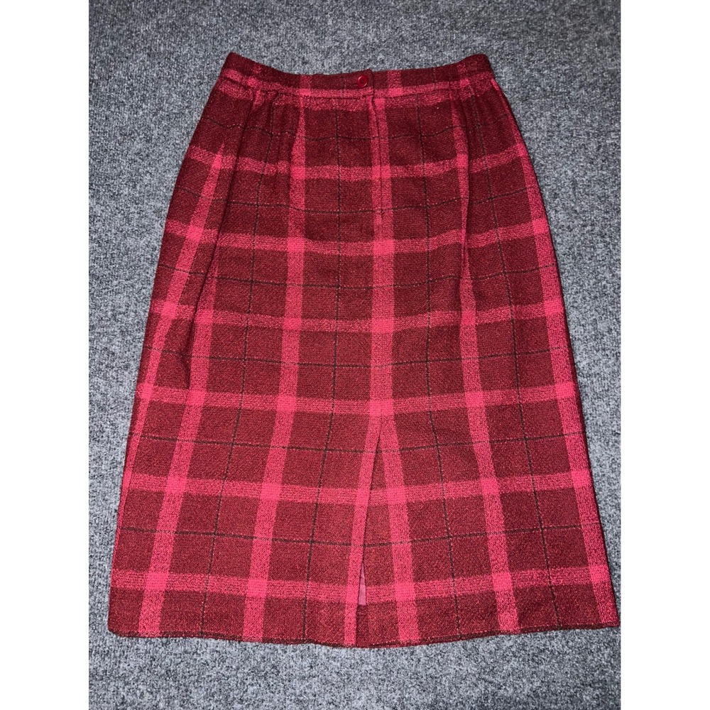 Sag Harbor Suit Womens 8 Red Pink Plaid Midi Skirt Pencil Acrylic Blend 31-35108